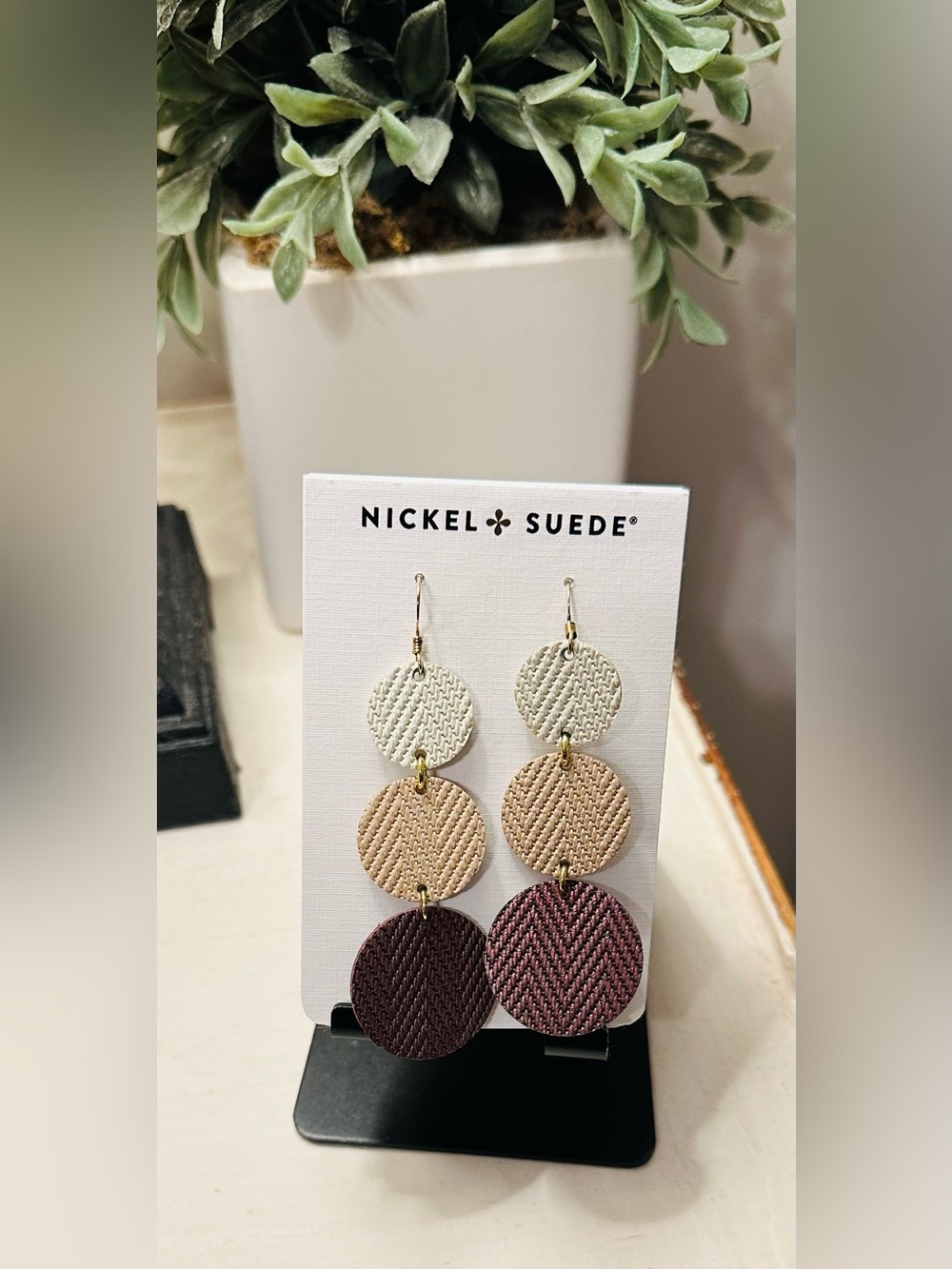 Nickel & Suede Mulberry Dotties Triple Disc Drop Earrings in Cream, Tan & Plum